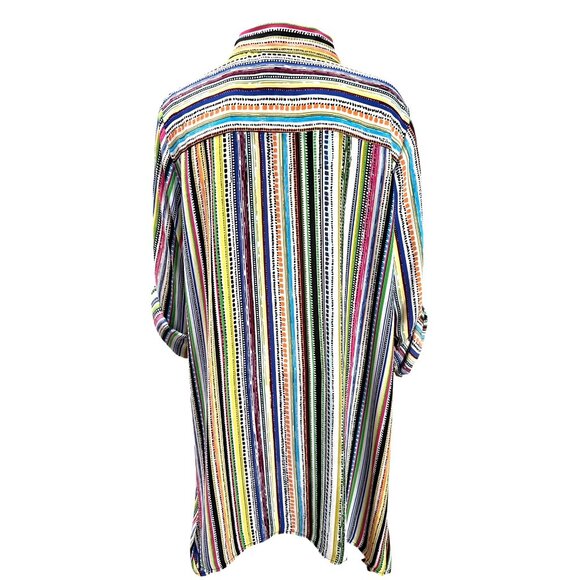 Melissa Paige L Multi Color Stripe Shirt Dress Tunic Collar Roll Tab Sleeve Boho - Picture 4 of 11